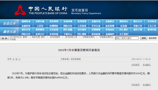 央行7月对金融机构开展中期借贷便利操作共1000亿元